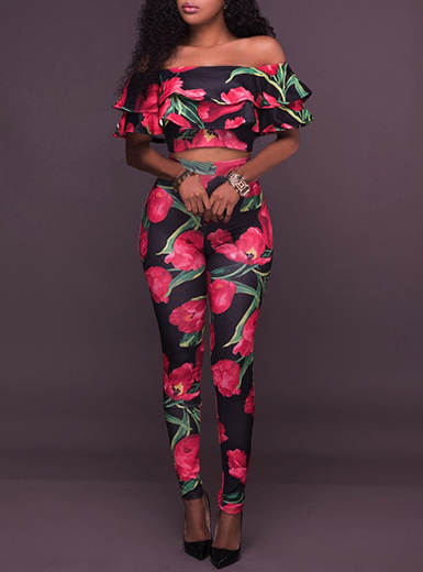 Women's 2 Piece Set - Off Shoulder Calypso Crop Top and Pants Set